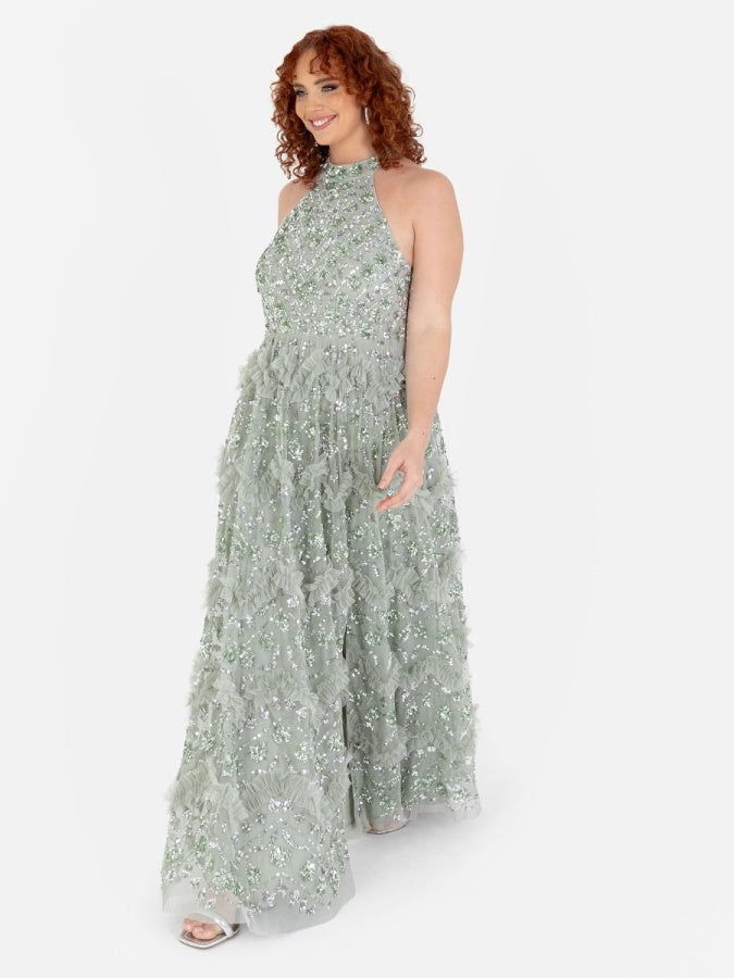 Maya Sage Green Fully Embellished Halter Neck Maxi Dress with Skirt Split