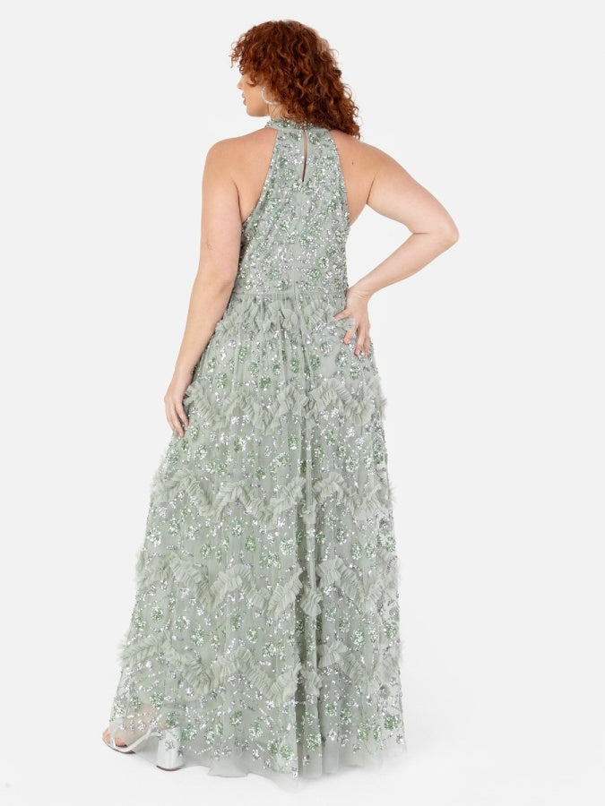 Maya Sage Green Fully Embellished Halter Neck Maxi Dress with Skirt Split