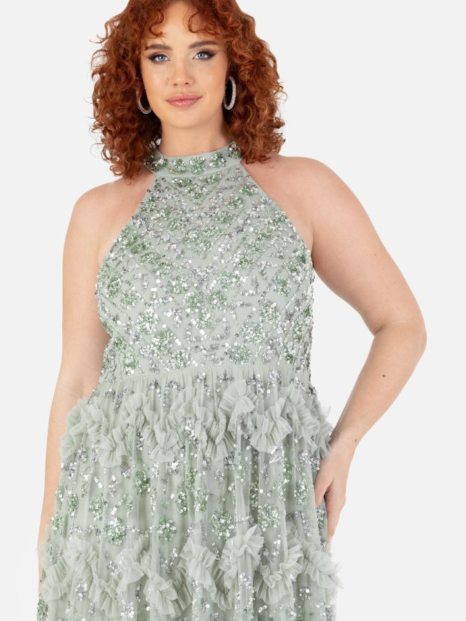 Maya Sage Green Fully Embellished Halter Neck Maxi Dress with Skirt Split