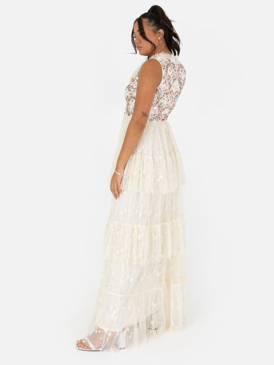 Maya Floral Embellished Tiered Maxi Dress with Embroidered Tulle Detail
