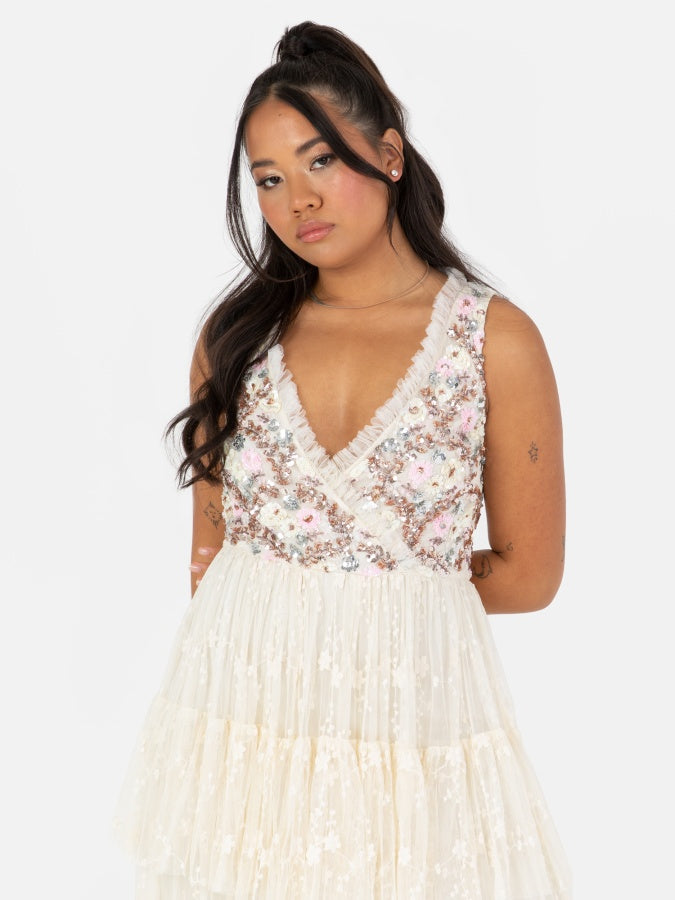 Maya Floral Embellished Tiered Maxi Dress with Embroidered Tulle Detail