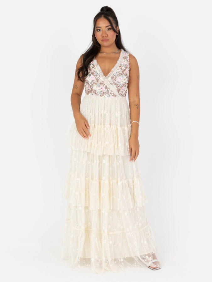 Maya Floral Embellished Tiered Maxi Dress with Embroidered Tulle Detail