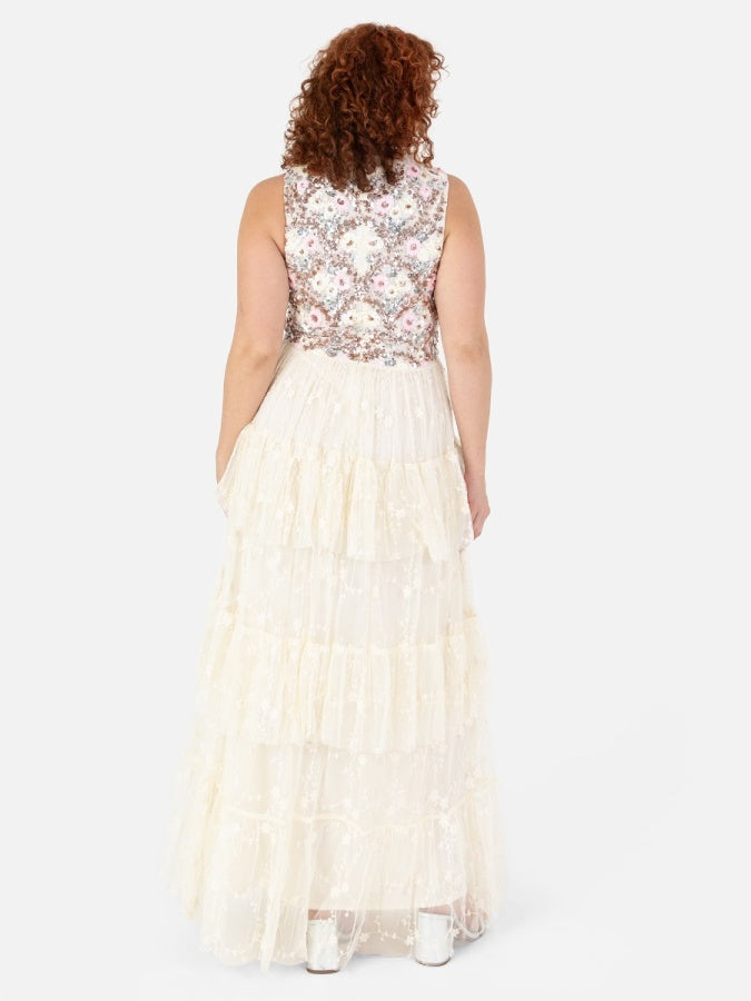 Maya Floral Embellished Tiered Maxi Dress with Embroidered Tulle Detail