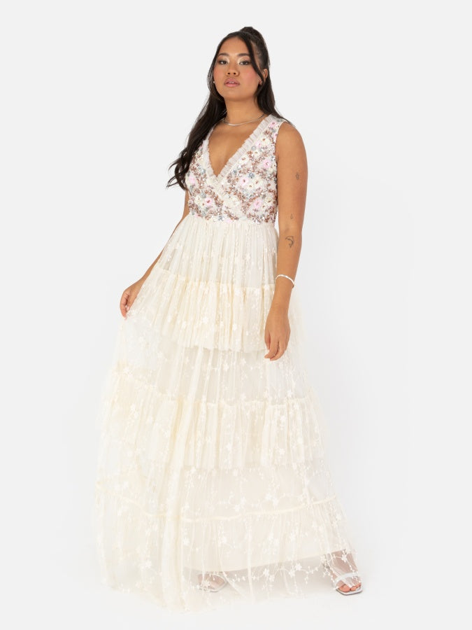 Maya Floral Embellished Tiered Maxi Dress with Embroidered Tulle Detail