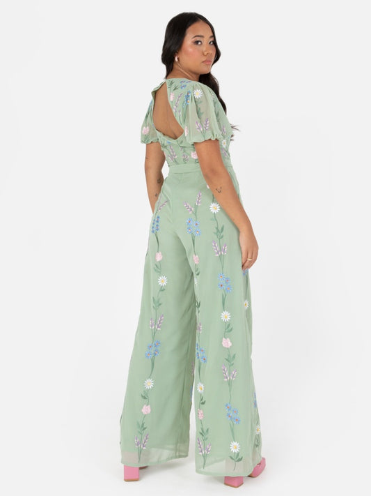 Maya Sage Green Embroidered Open Back Jump Suit