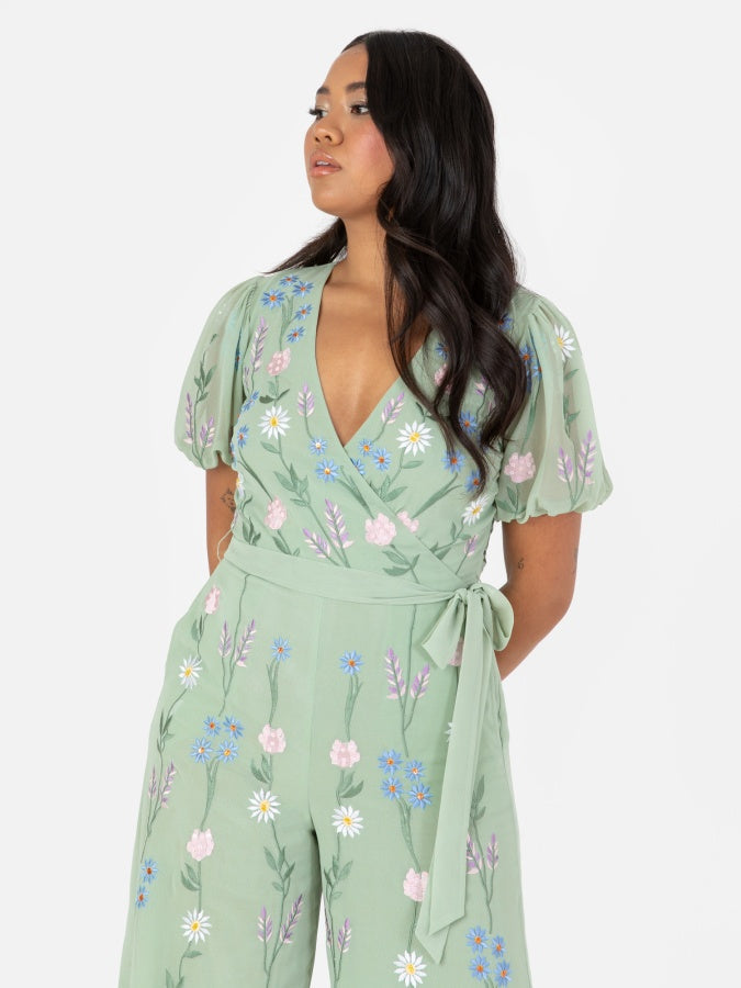 Maya Sage Green Embroidered Open Back Jump Suit