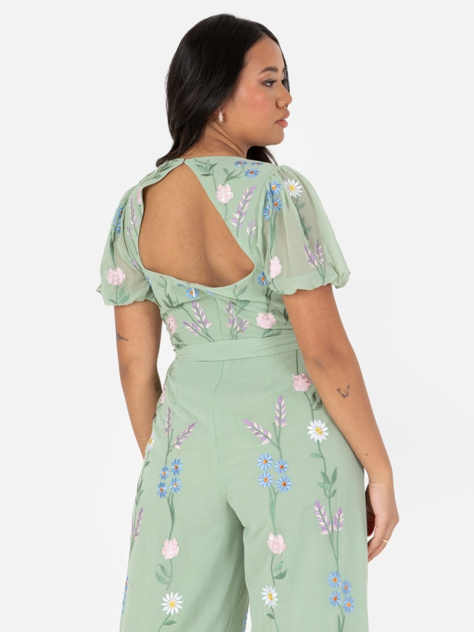 Maya Sage Green Embroidered Open Back Jump Suit