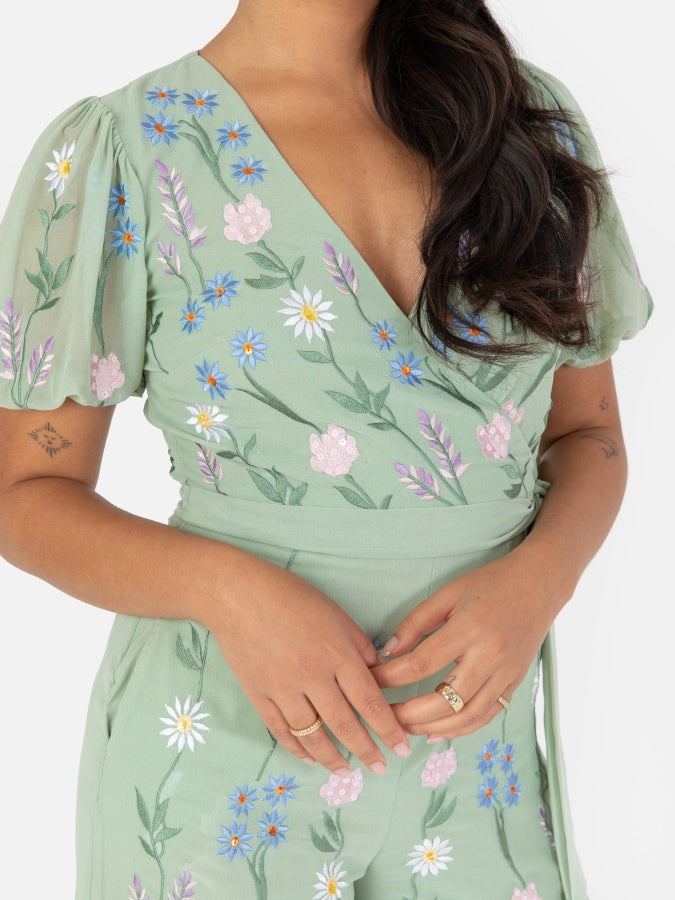 Maya Sage Green Embroidered Open Back Jump Suit