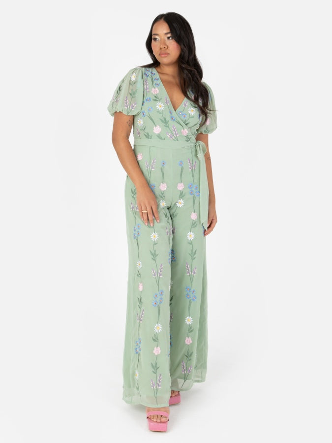 Maya Sage Green Embroidered Open Back Jump Suit