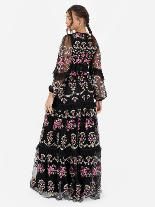 Maya Black Fully Embroidered Long Sleeve Maxi Dress with Frill Detail
