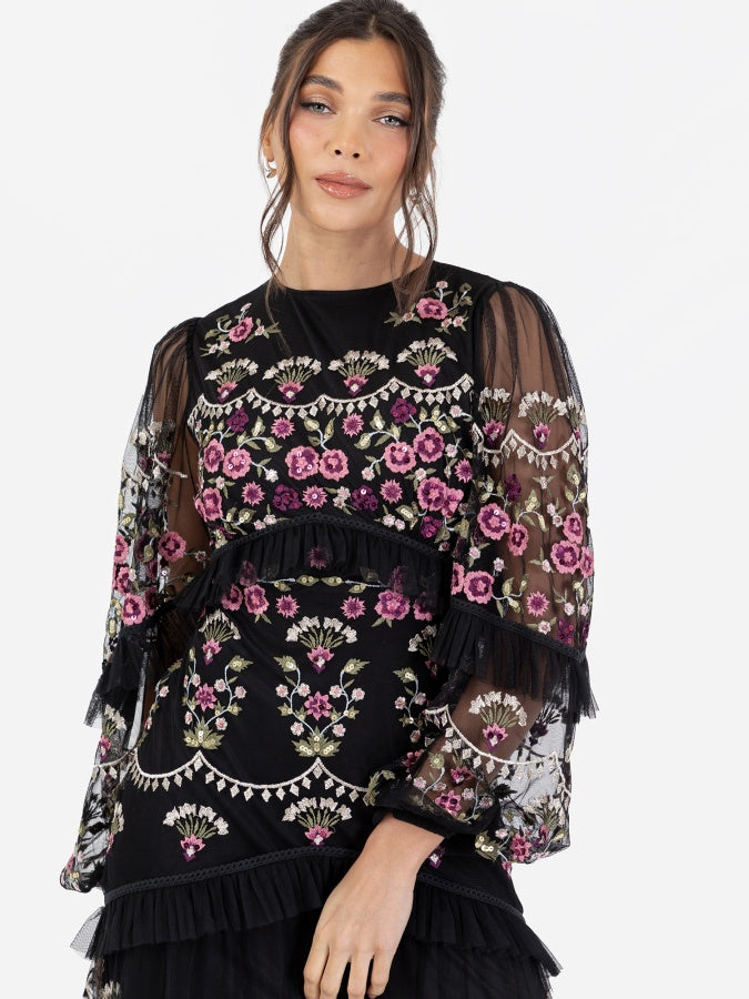 Maya Black Fully Embroidered Long Sleeve Maxi Dress with Frill Detail