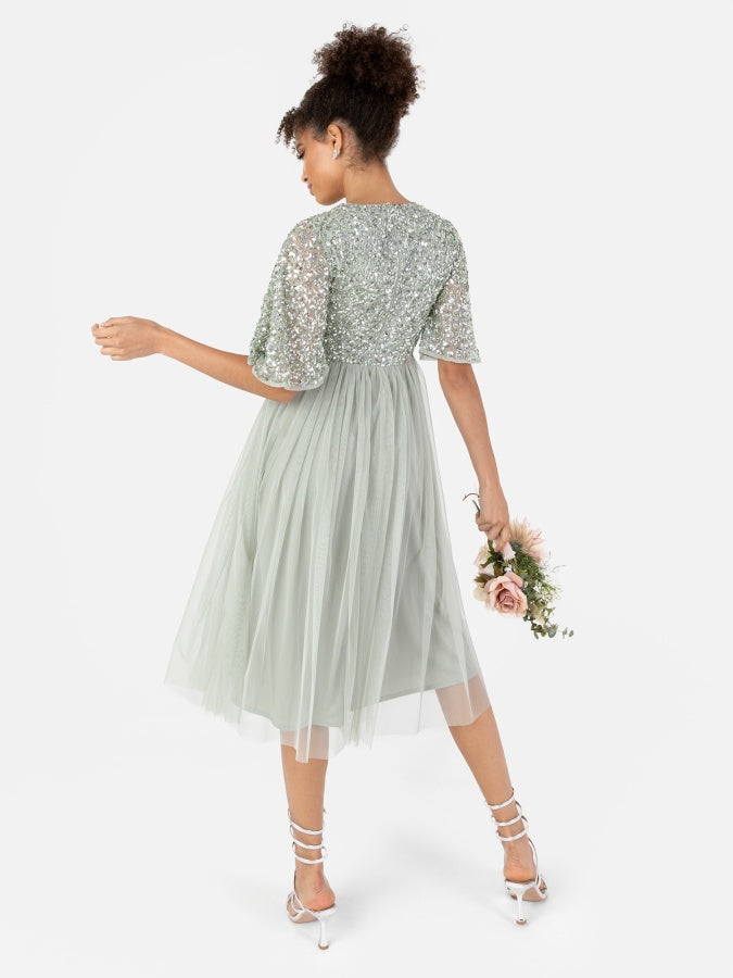 Maya Sage Green Short Flutter Sleeve Embellished Midi Dress