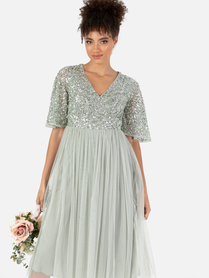 Maya Sage Green Short Flutter Sleeve Embellished Midi Dress