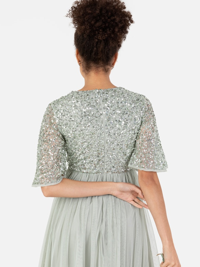 Maya Sage Green Short Flutter Sleeve Embellished Midi Dress