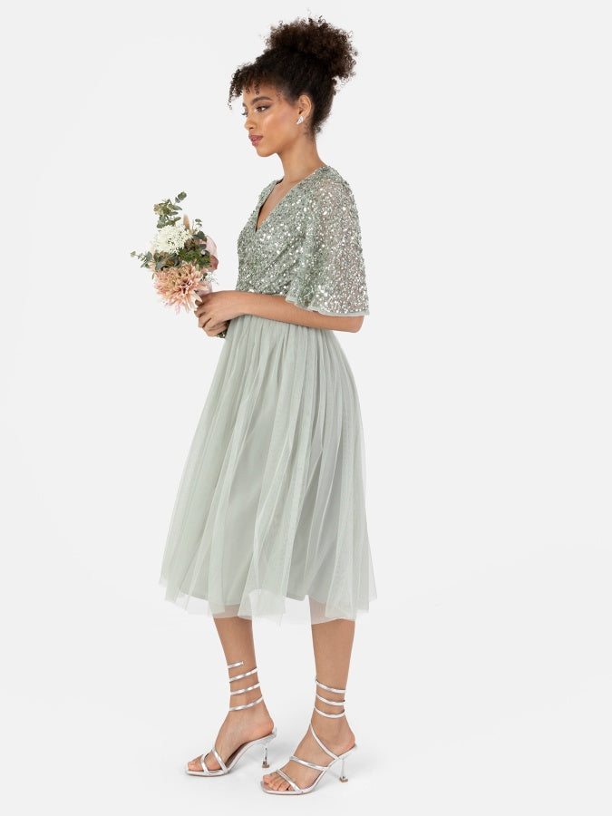 Maya Sage Green Short Flutter Sleeve Embellished Midi Dress