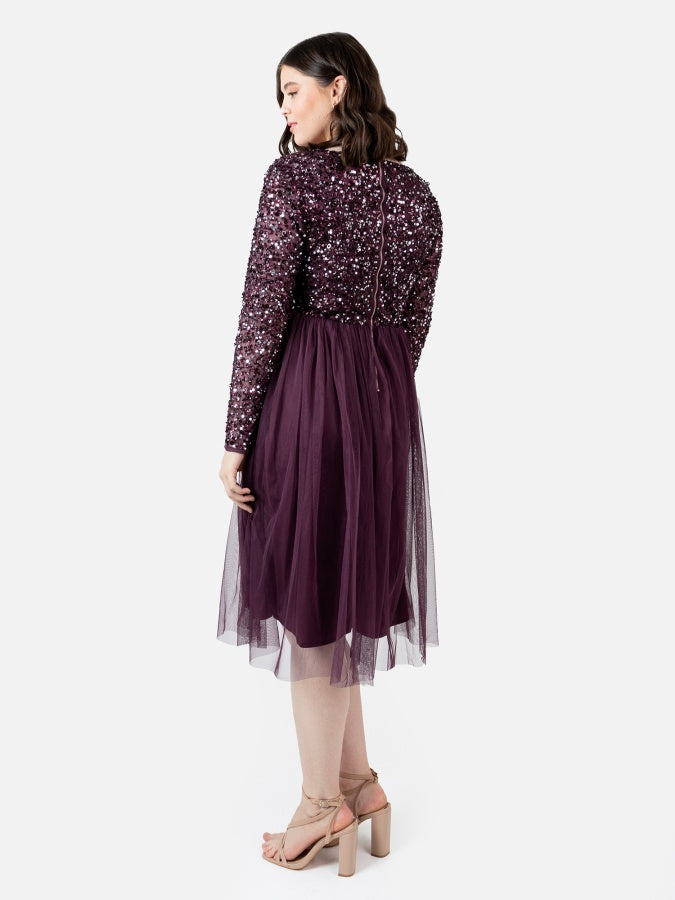 Maya Berry Faux Wrap Embellished Long Sleeve Midi Dress