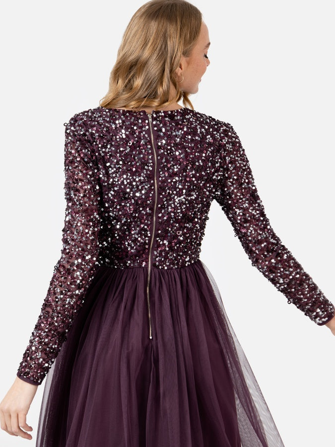 Maya Berry Faux Wrap Embellished Long Sleeve Midi Dress