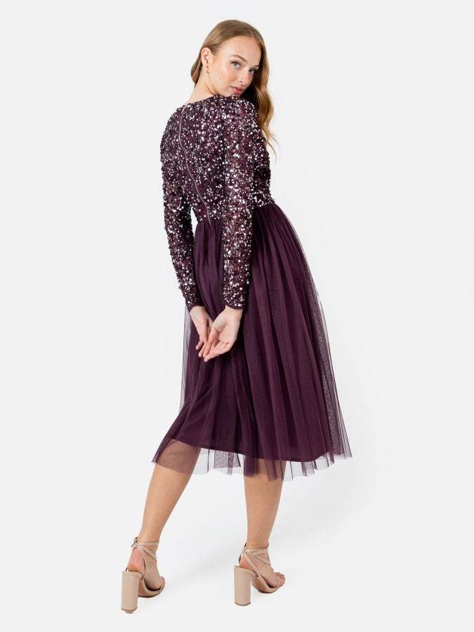 Maya Berry Faux Wrap Embellished Long Sleeve Midi Dress