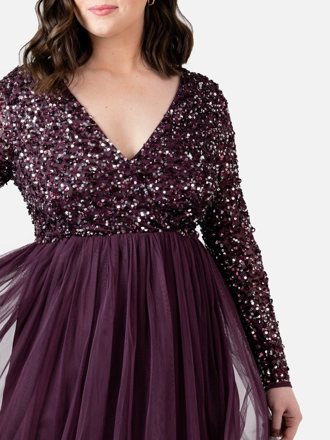 Maya Berry Faux Wrap Embellished Long Sleeve Midi Dress