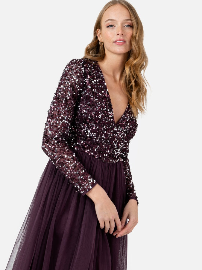 Maya Berry Faux Wrap Embellished Long Sleeve Midi Dress