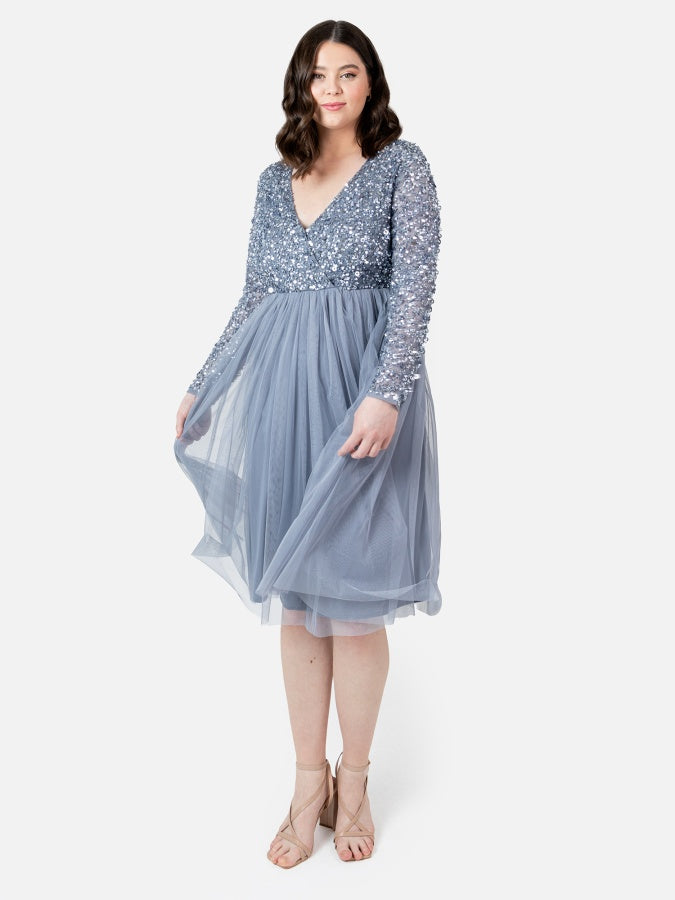 Maya Dusty Blue Faux Wrap Embellished Long Sleeve Midi Dress