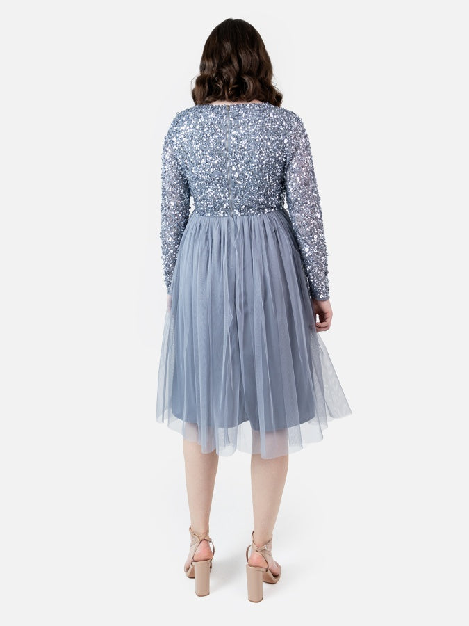 Maya Dusty Blue Faux Wrap Embellished Long Sleeve Midi Dress