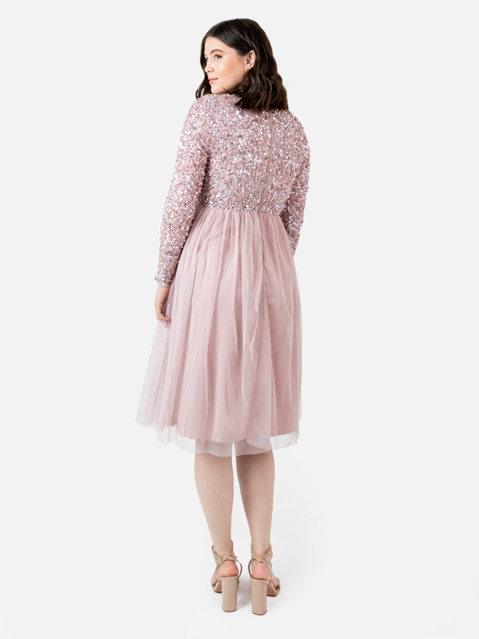 Maya Frosted Pink Faux Wrap Embellished Long Sleeve Midi Dress