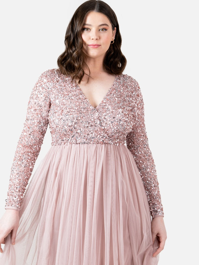 Maya Frosted Pink Faux Wrap Embellished Long Sleeve Midi Dress