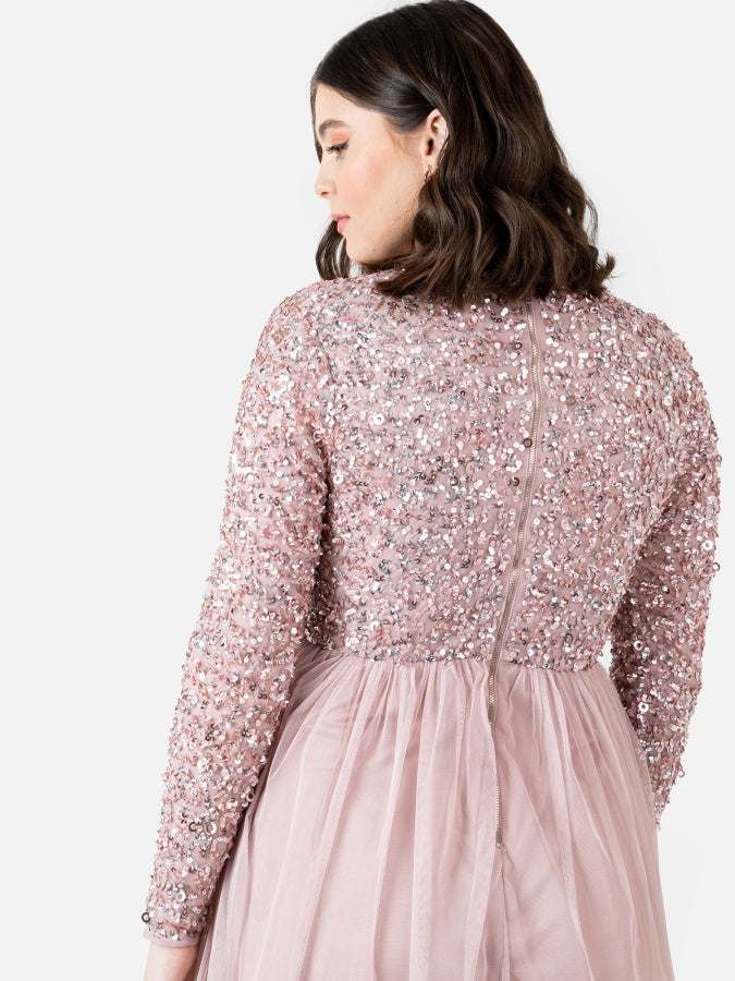Maya Frosted Pink Faux Wrap Embellished Long Sleeve Midi Dress