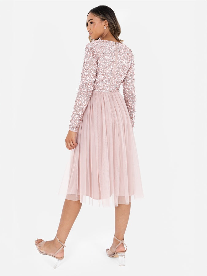 Maya Frosted Pink Faux Wrap Embellished Long Sleeve Midi Dress