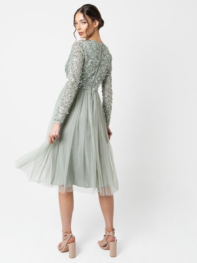Maya Sage Green Faux Wrap Embellished Long Sleeve Midi Dress