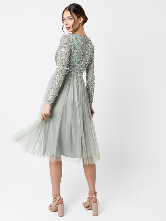 Maya Sage Green Faux Wrap Embellished Long Sleeve Midi Dress