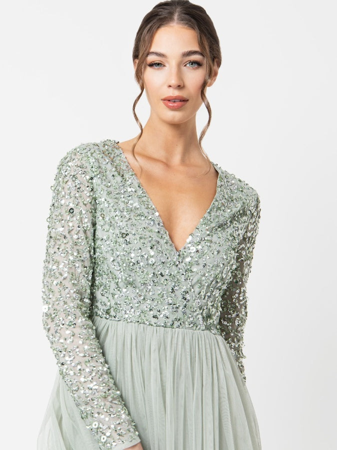 Maya Sage Green Faux Wrap Embellished Long Sleeve Midi Dress