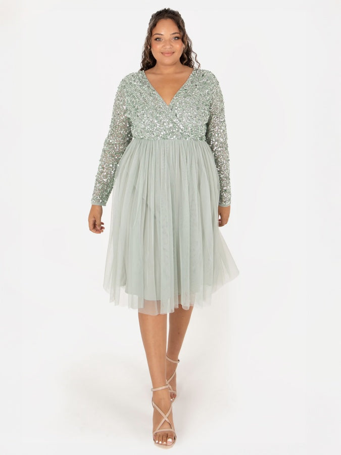 Maya Sage Green Faux Wrap Embellished Long Sleeve Midi Dress