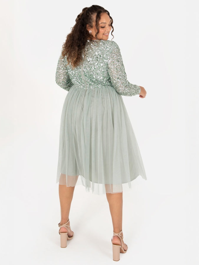 Maya Sage Green Faux Wrap Embellished Long Sleeve Midi Dress