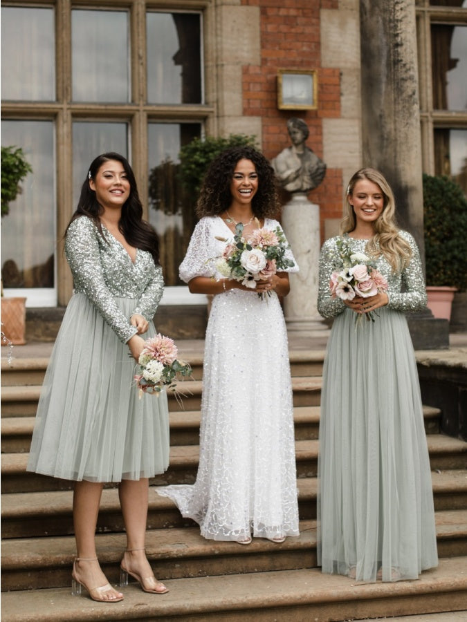 Maya Sage Green Faux Wrap Embellished Long Sleeve Midi Dress