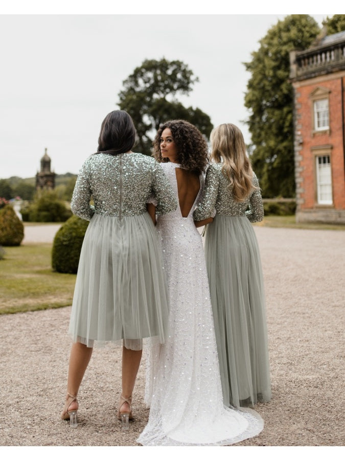 Maya Sage Green Faux Wrap Embellished Long Sleeve Midi Dress