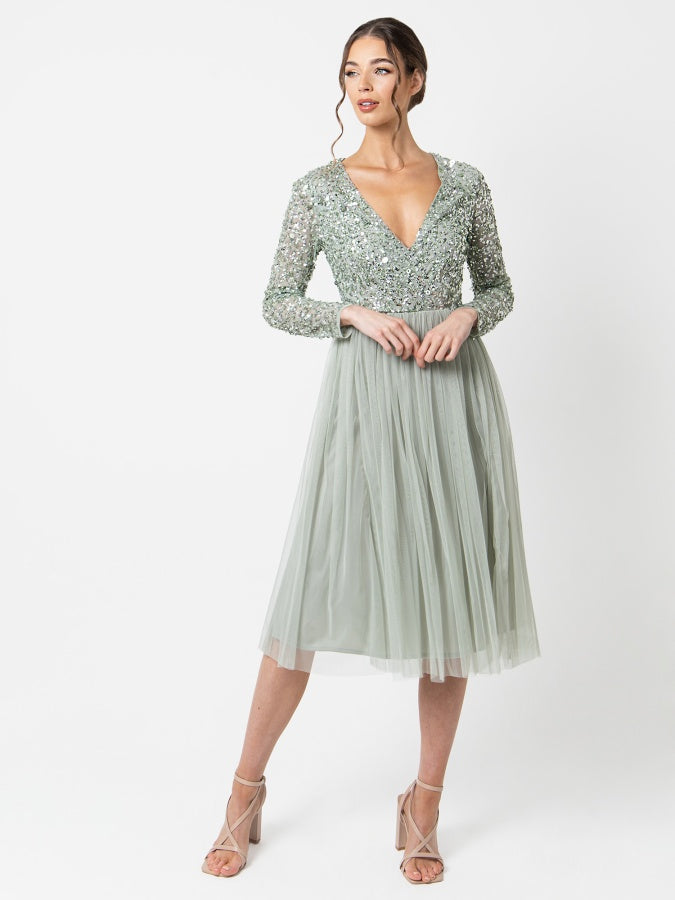 Maya Sage Green Faux Wrap Embellished Long Sleeve Midi Dress
