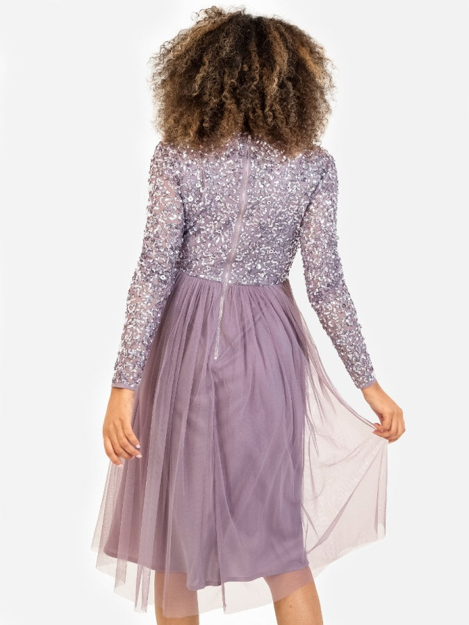 Maya Moody Lilac Faux Wrap Front Embellished Midi Dress