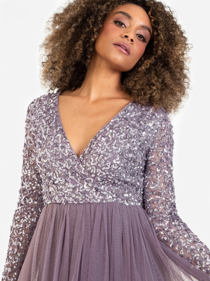 Maya Moody Lilac Faux Wrap Front Embellished Midi Dress