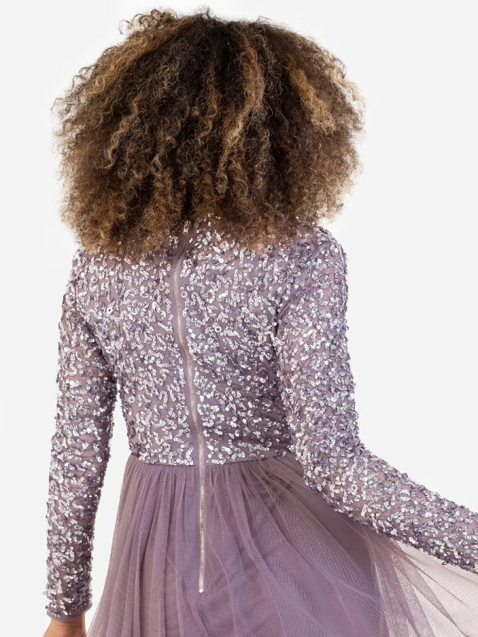 Maya Moody Lilac Faux Wrap Front Embellished Midi Dress