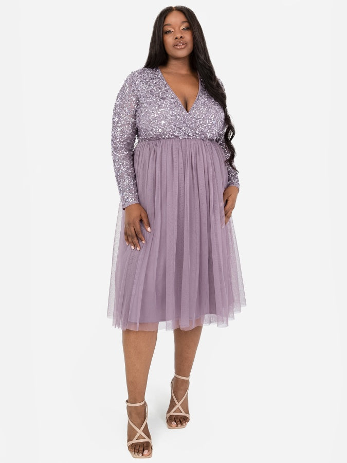 Maya Moody Lilac Faux Wrap Front Embellished Midi Dress