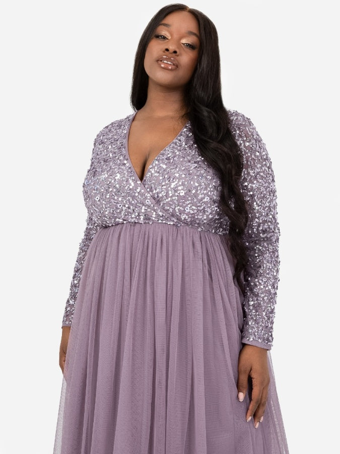 Maya Moody Lilac Faux Wrap Front Embellished Midi Dress