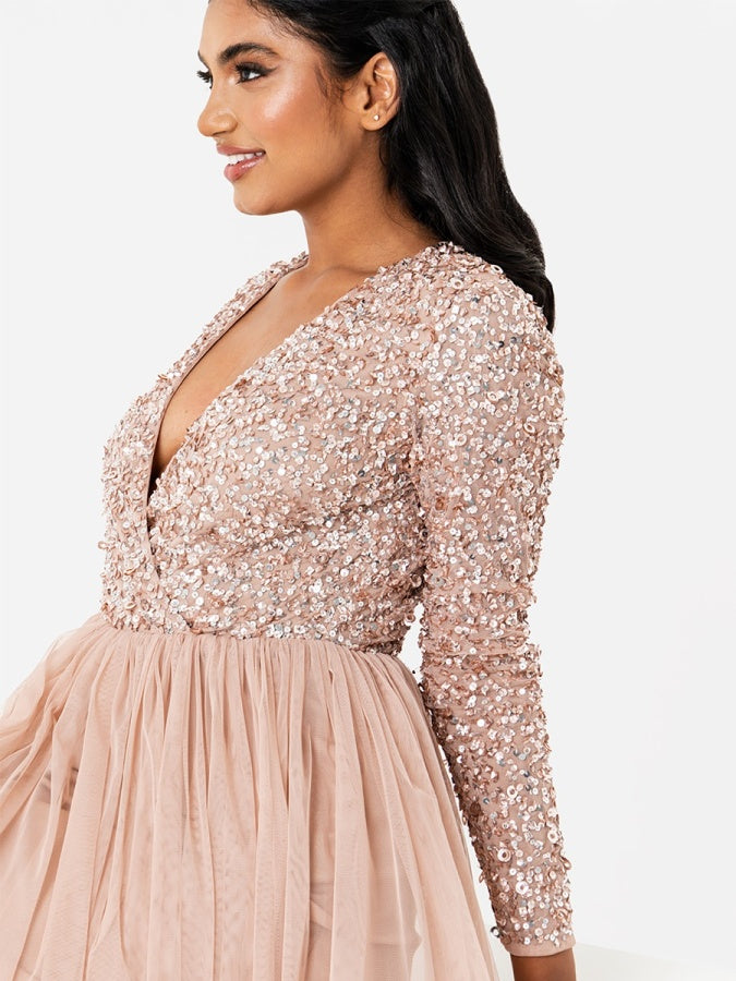 Maya Taupe Blush Faux Wrap Front Embellished Midi Dress