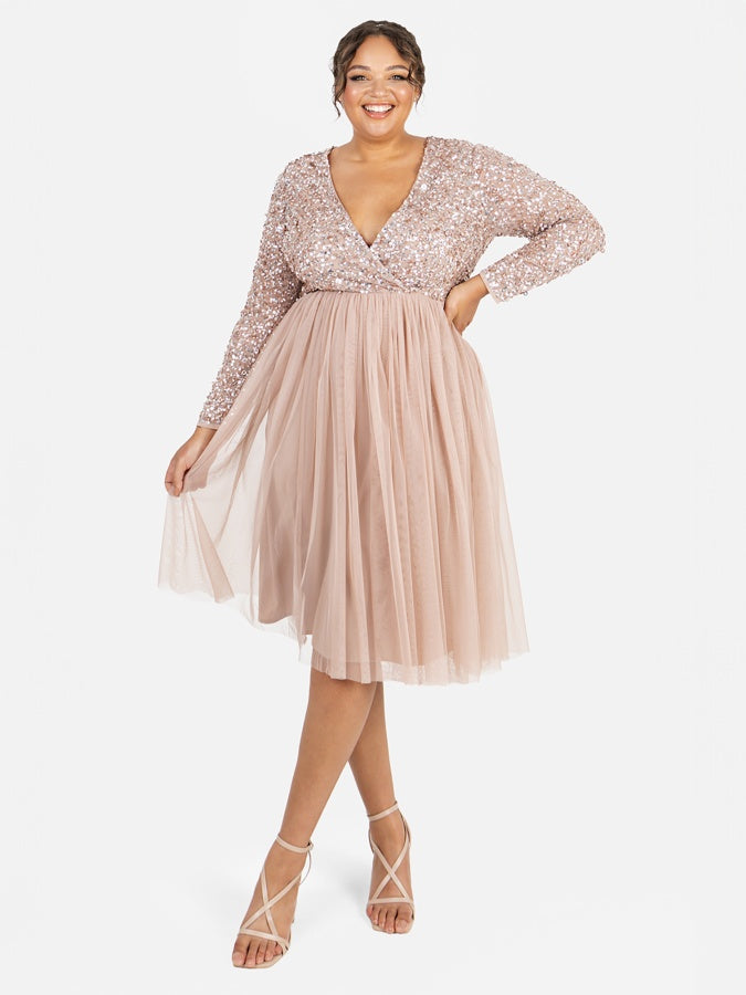 Maya Taupe Blush Faux Wrap Front Embellished Midi Dress