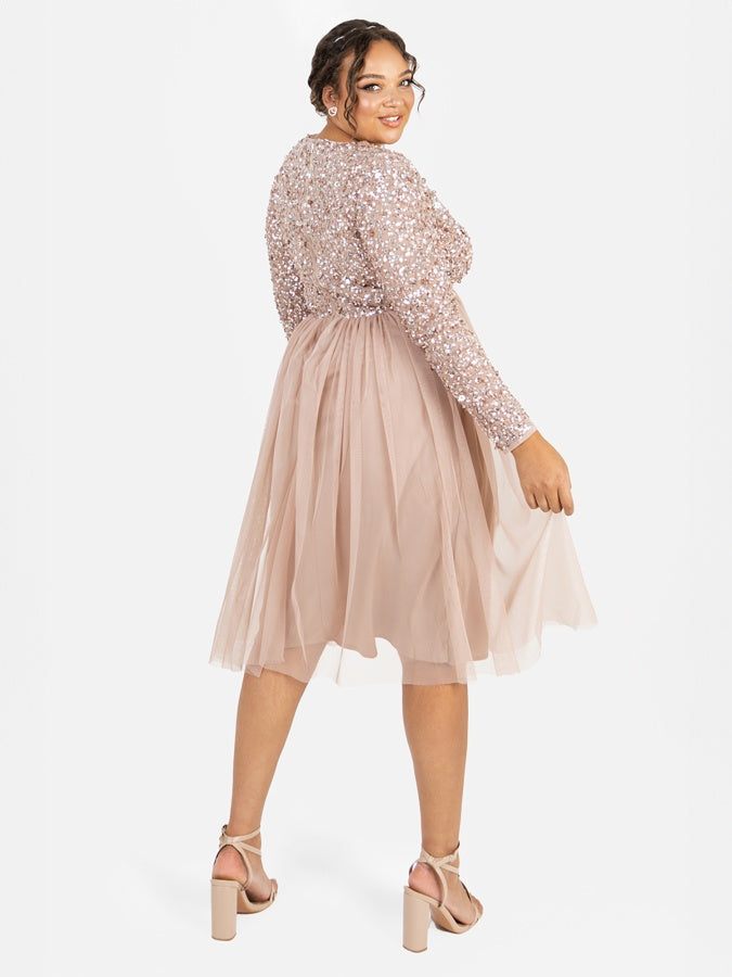 Maya Taupe Blush Faux Wrap Front Embellished Midi Dress