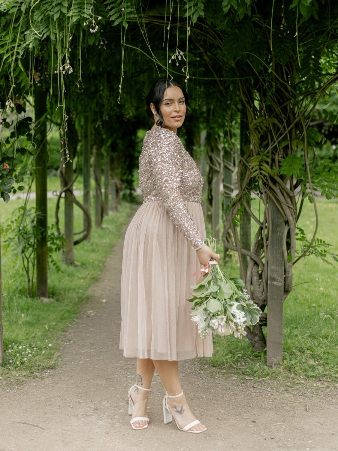 Maya Taupe Blush Faux Wrap Front Embellished Midi Dress