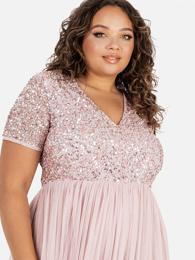 Maya Frosted Pink V Neckline Embellished Maxi Dress