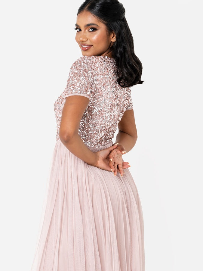 Maya Frosted Pink V Neckline Embellished Maxi Dress