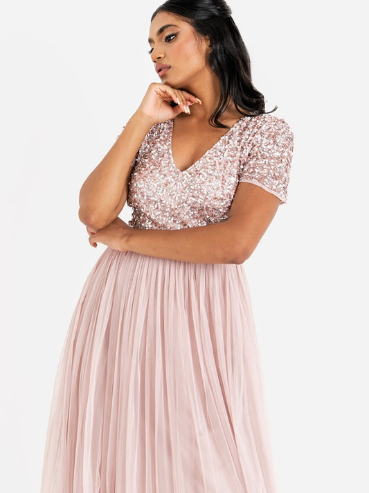Maya Frosted Pink V Neckline Embellished Maxi Dress